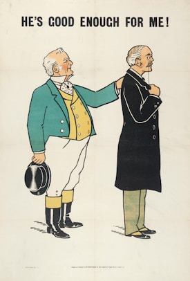 A cartoon features two men in historical attire. One man with white hair, wearing a green jacket and holding a bowler hat, is placing his hand supportively on the shoulder of another older man dressed in a formal black suit. The text above them reads, 'HE'S GOOD ENOUGH FOR ME!'