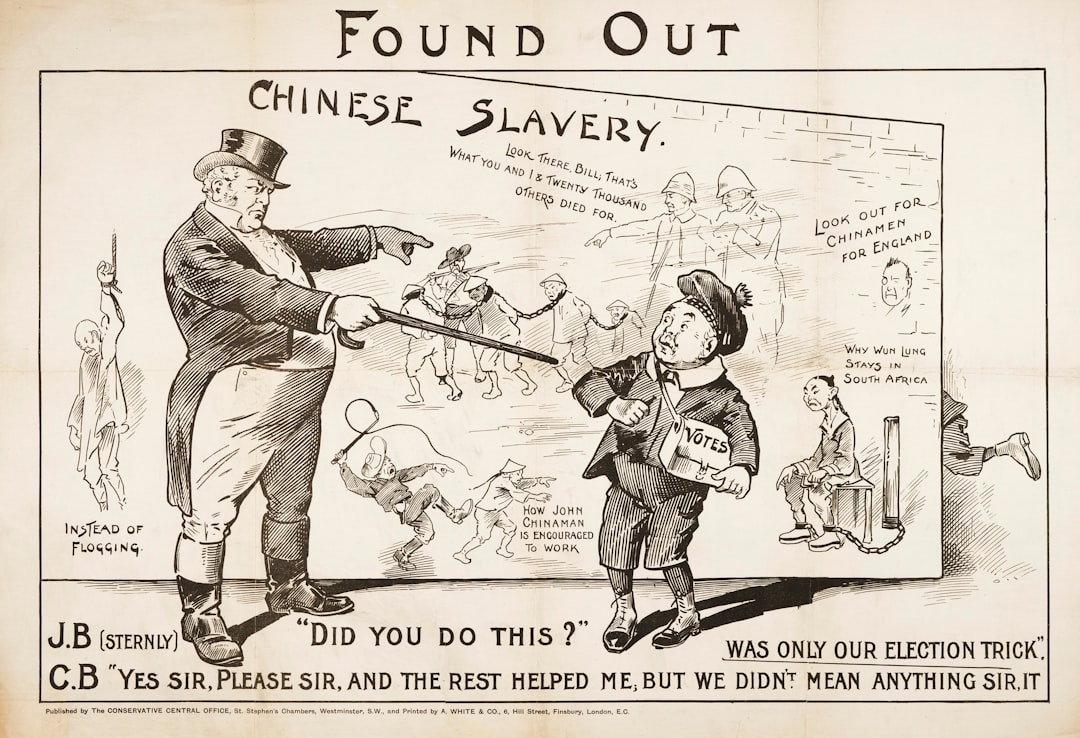 man in black suit holding a guitar, "Found Out - Chinese Slavery" poster. Campbell-Bannerman shown being castigated by John Bull for the election image of
