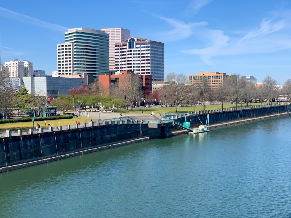 white and blue boat on river near city buildings during daytime