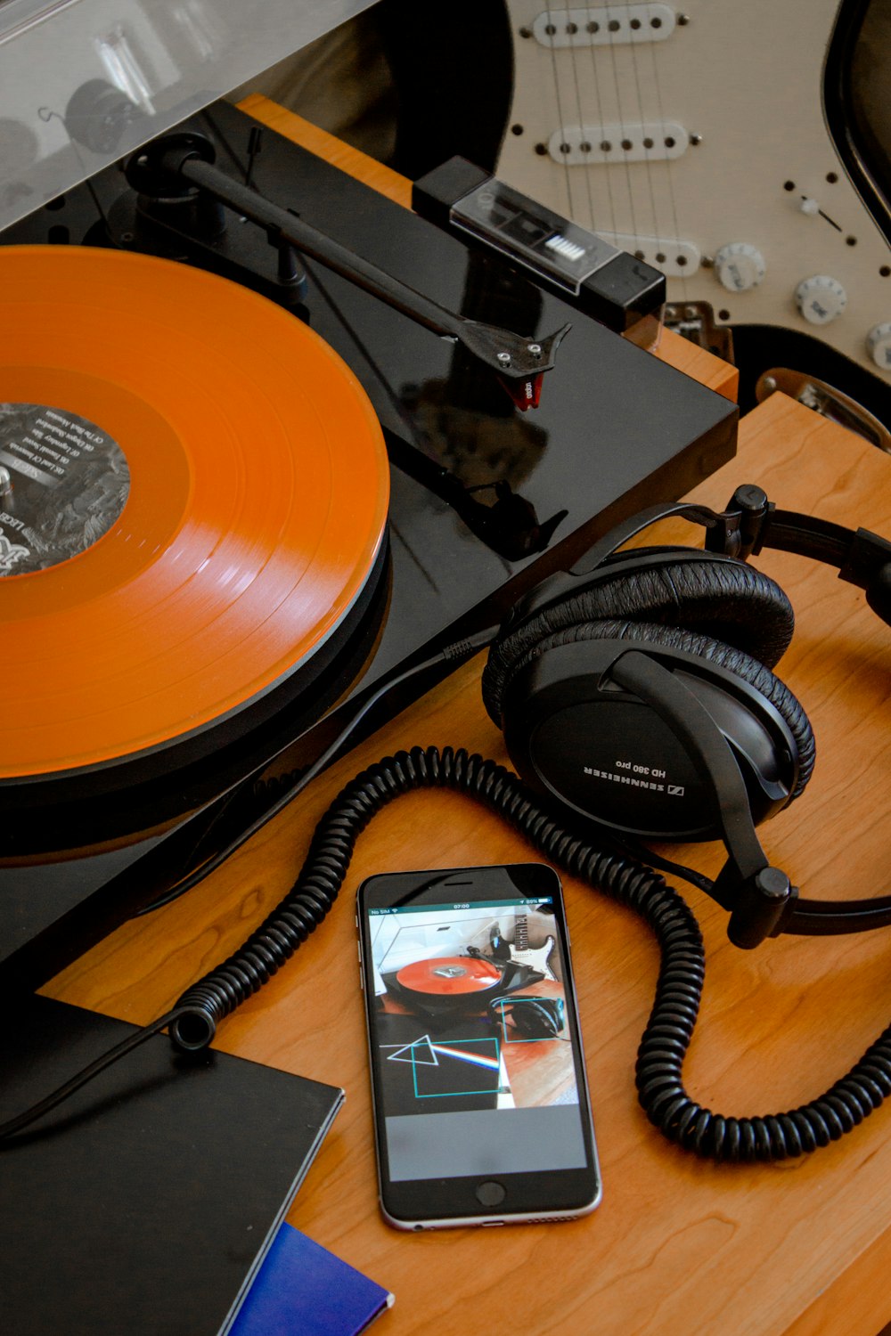 black and red corded headphones