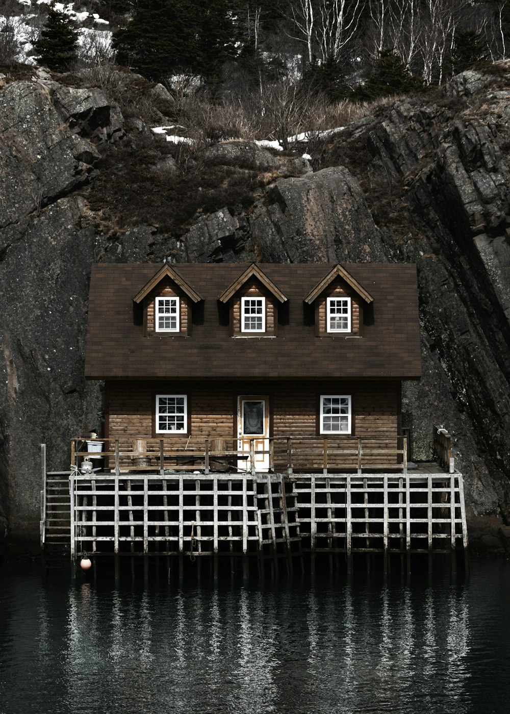 brown and red wooden house beside body of water