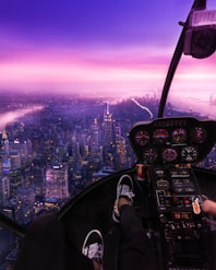 aerial view of city buildings during night time