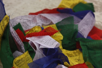 A collection of colorful Tibetan prayer flags.