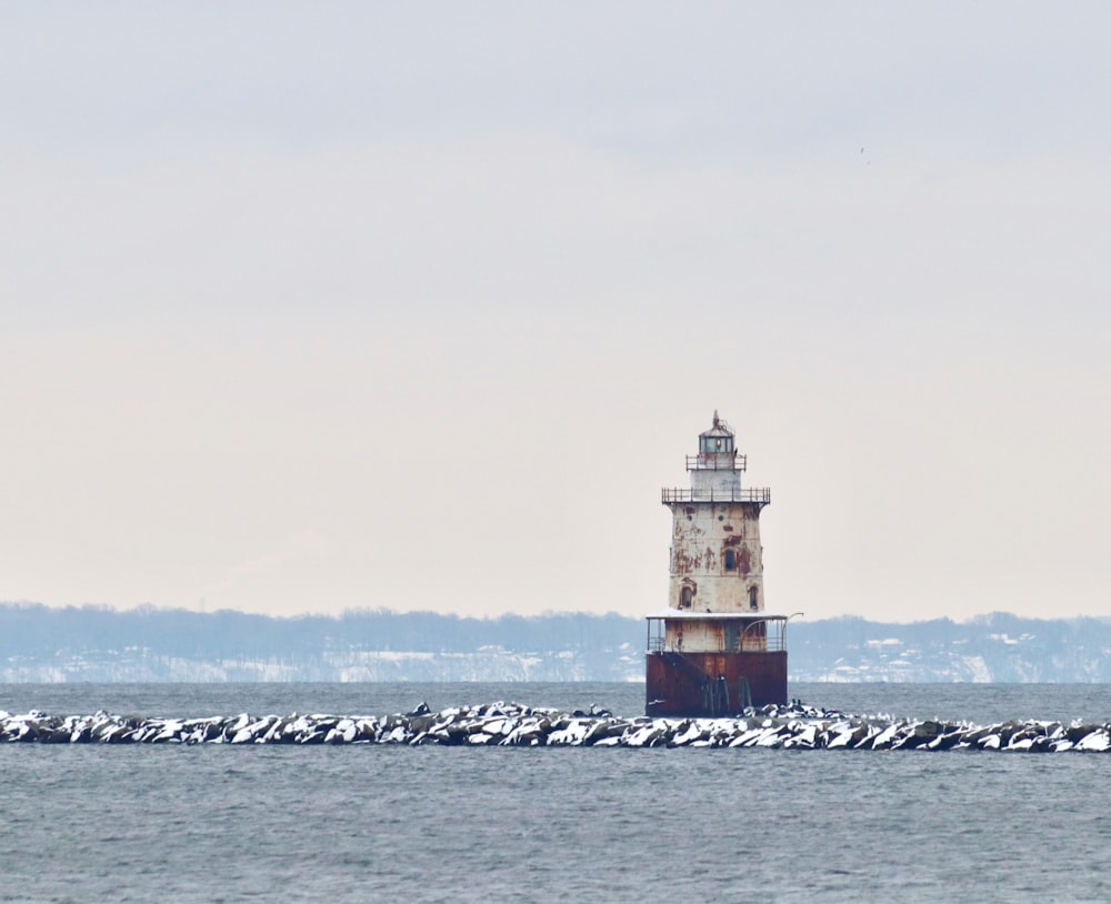 white and red lighthouse on the sea during daytime