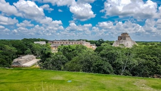 Ancient stone ruins surrounded by lush Mexican jungle under a bright sky.