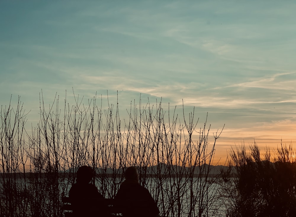 silhouette of man and woman sitting on grass field during sunset