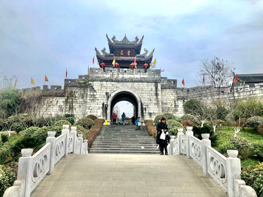 people walking on pathway near green plants during daytime in Guiyang China