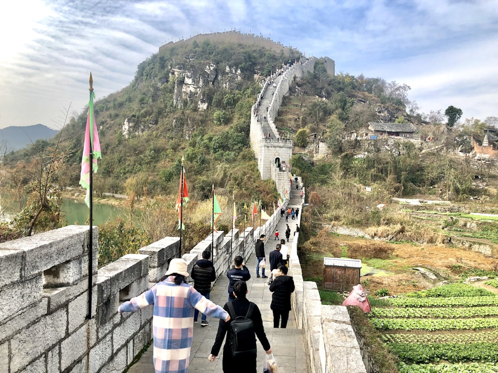 people walking on pathway near mountain during daytime