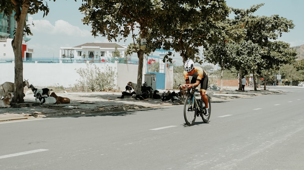 homem na jaqueta laranja que monta a bicicleta na estrada durante o dia