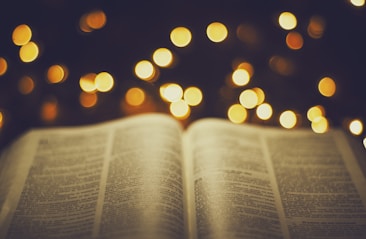 An open book with visible text set against a background of blurred, warm glowing lights, suggesting a soft and cozy atmosphere.