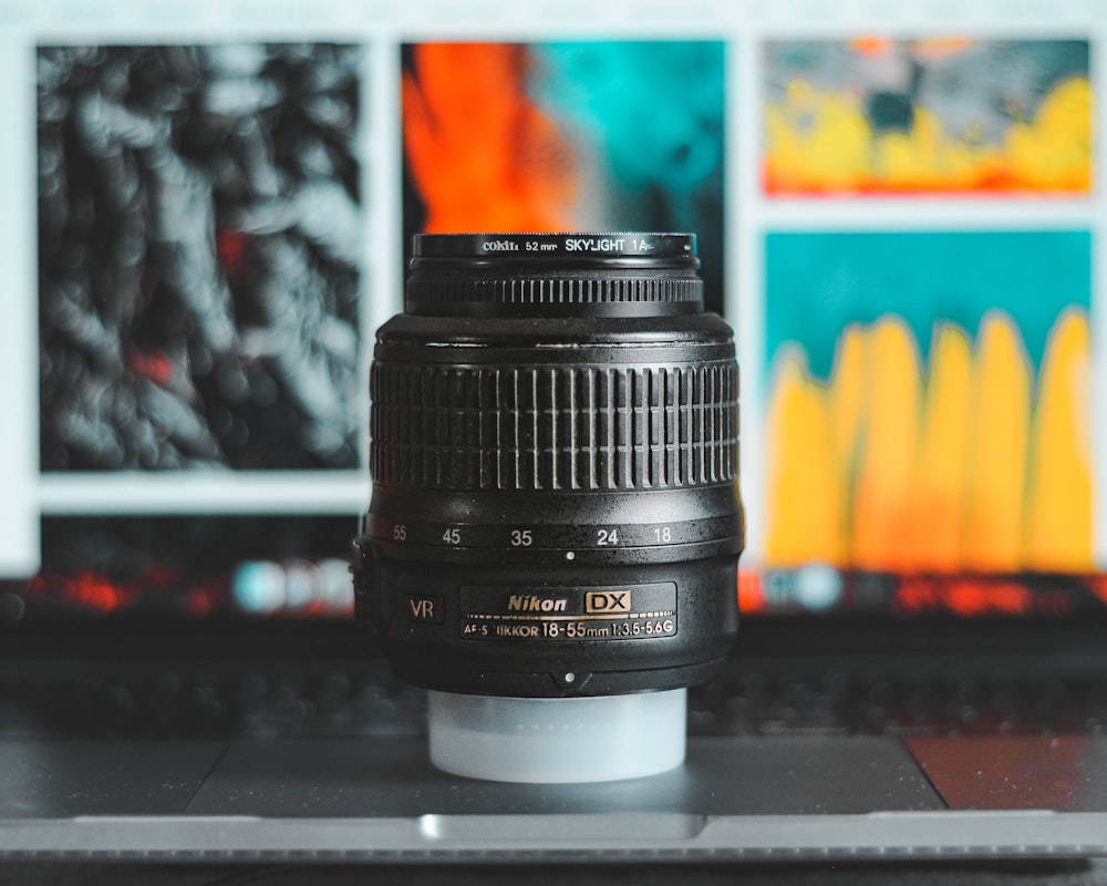 black camera lens on table