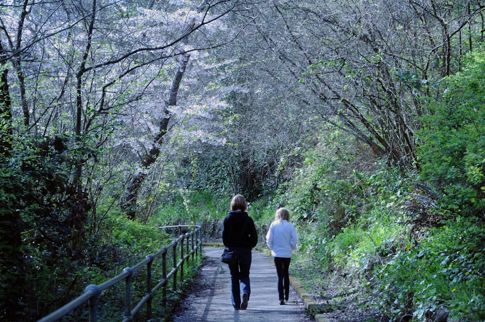 2 women walking on pathway between trees during daytime