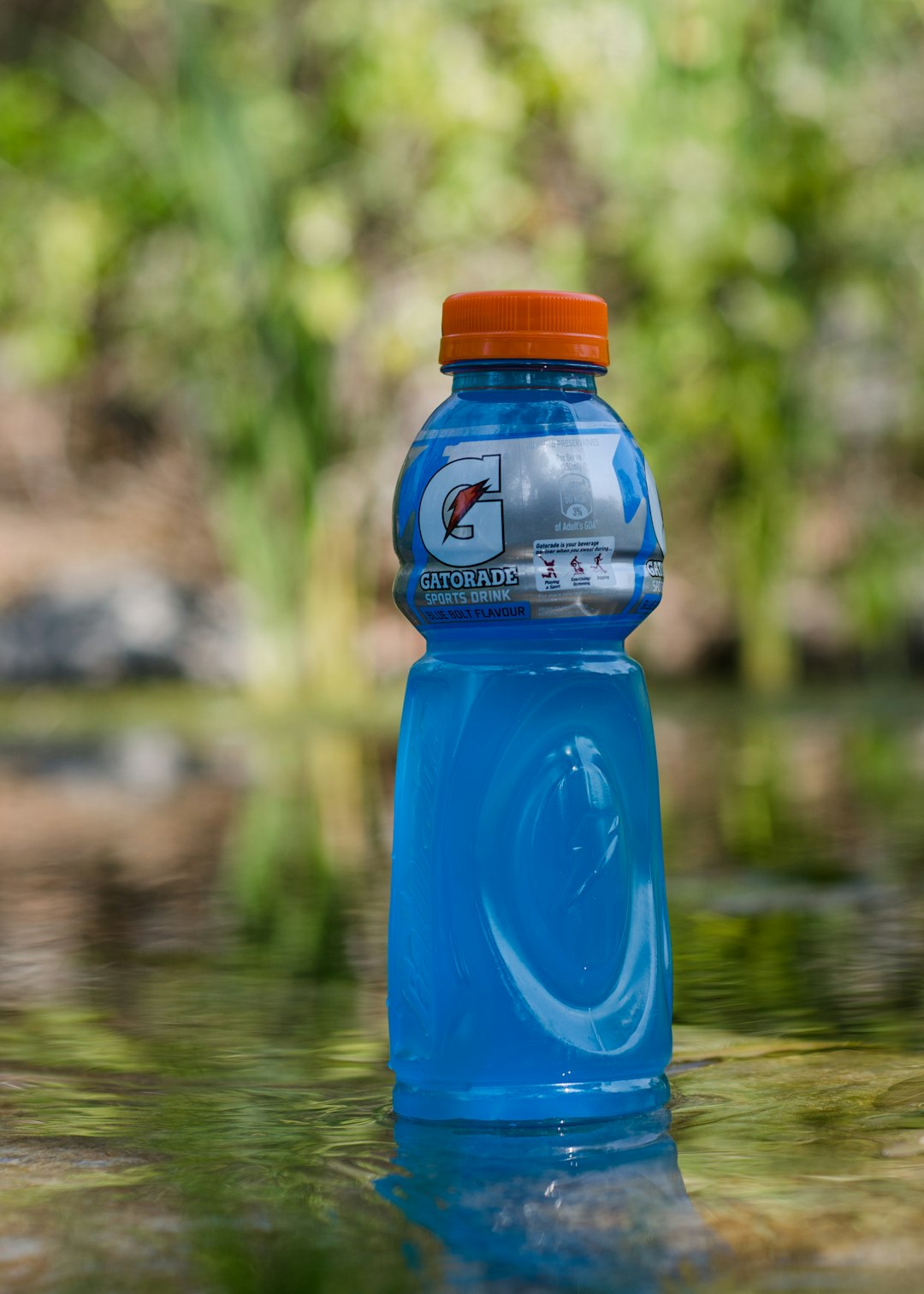 blue gatorade plastic bottle on water