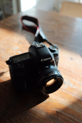 A Canon camera with a 50mm lens rests on a wooden table, bathed in soft, natural light. Shadows are cast across the surface, and a camera strap extends out of frame.