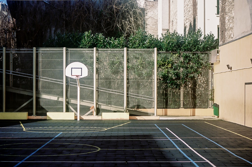 white basketball hoop near green trees during daytime