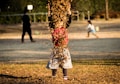 A child wearing a colorful outfit is playfully throwing leaves into the air in a park setting. Another person is visible in the background, along with blurred figures of others, giving a sense of playful outdoor activity. The setting is filled with autumn leaves scattered on the ground.