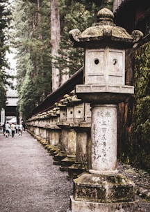 Pilgrims walking along a peaceful path lined with ancient stone lanterns and blooming marigolds.