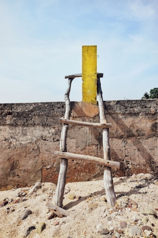 An image showing a sturdy ladder set up outdoors against a brick wall on a sunny day.