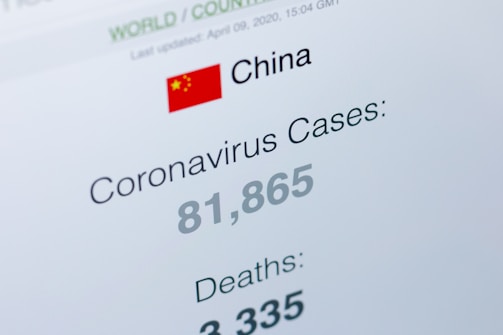 The image displays a statistics board showing coronavirus case and death numbers, specifically for China. A small Chinese flag is present next to the country's name. The numbers indicate 81,865 cases and 3,335 deaths.