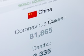 The image displays a statistics board showing coronavirus case and death numbers, specifically for China. A small Chinese flag is present next to the country's name. The numbers indicate 81,865 cases and 3,335 deaths.