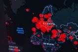Detailed map showing Europe with red circular markers indicating specific data points or events concentrated heavily in the region.