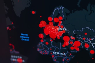 Detailed map showing Europe with red circular markers indicating specific data points or events concentrated heavily in the region.