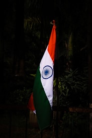 An Indian flag is seen standing upright against a backdrop of dark foliage. The flag displays its distinct tricolor of saffron, white, and green with the Ashoka Chakra in the center.