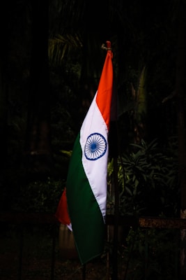 An Indian flag is seen standing upright against a backdrop of dark foliage. The flag displays its distinct tricolor of saffron, white, and green with the Ashoka Chakra in the center.