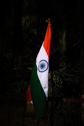 An Indian flag is seen standing upright against a backdrop of dark foliage. The flag displays its distinct tricolor of saffron, white, and green with the Ashoka Chakra in the center.