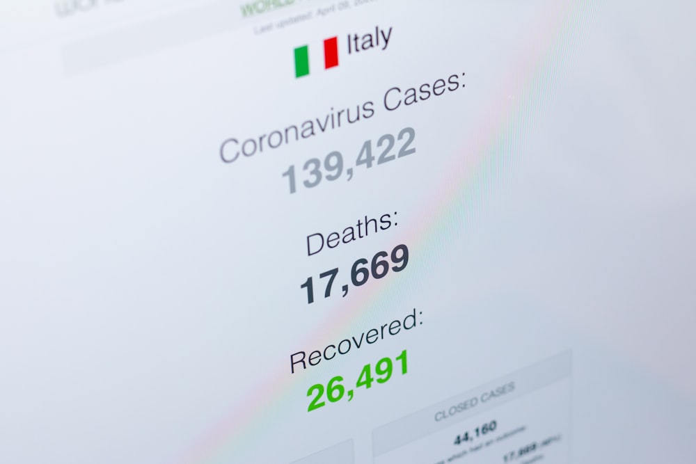 a computer screen showing the number of cases in italy