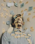 man covered in sticky notes at office desk