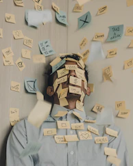 man covered in sticky notes at office desk