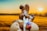A chocolate bunny with a playful expression sits on top of a cracked egg against a sunset lit golden field. The bunny appears cheerful with its ears perked up and a raised paw. In the foreground, a blurry lollipop adds a splash of color.