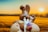 A chocolate bunny with a playful expression sits on top of a cracked egg against a sunset lit golden field. The bunny appears cheerful with its ears perked up and a raised paw. In the foreground, a blurry lollipop adds a splash of color.