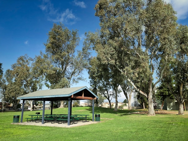 A well-maintained park area with a wooden pavilion surrounded by green grass and tall trees. Several picnic tables are situated under the pavilion. There is a trash bin nearby, and to the side, a playground is partially visible with play equipment. The sky is clear and blue, providing a serene and inviting outdoor atmosphere.