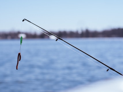 A fishing rod extends into the frame against a backdrop of calm, blue water. The rod is equipped with a line, from which hangs a colorful lure designed to mimic a worm. In the distance, the shoreline is faintly visible, slightly blurred due to the focus on the rod and lure.