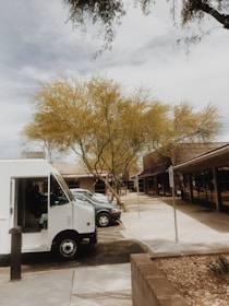 Clean electric delivery truck driving through a green urban area with trees and bike lanes.