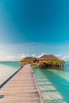 A tranquil scene featuring a wooden boardwalk leading to thatched-roof huts situated over clear turquoise water. Lush greenery surrounds the huts, and the sky is bright blue with a few scattered clouds.