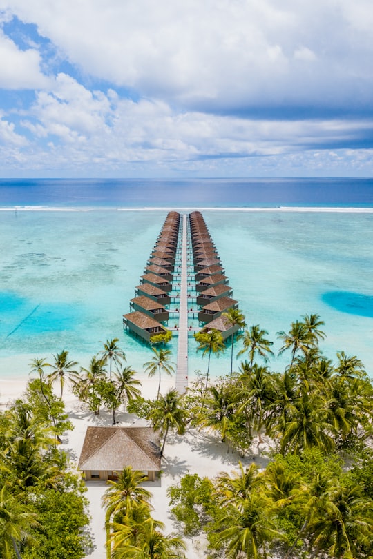 brown wooden stairs on beach during daytime in Meeru Island Maldives