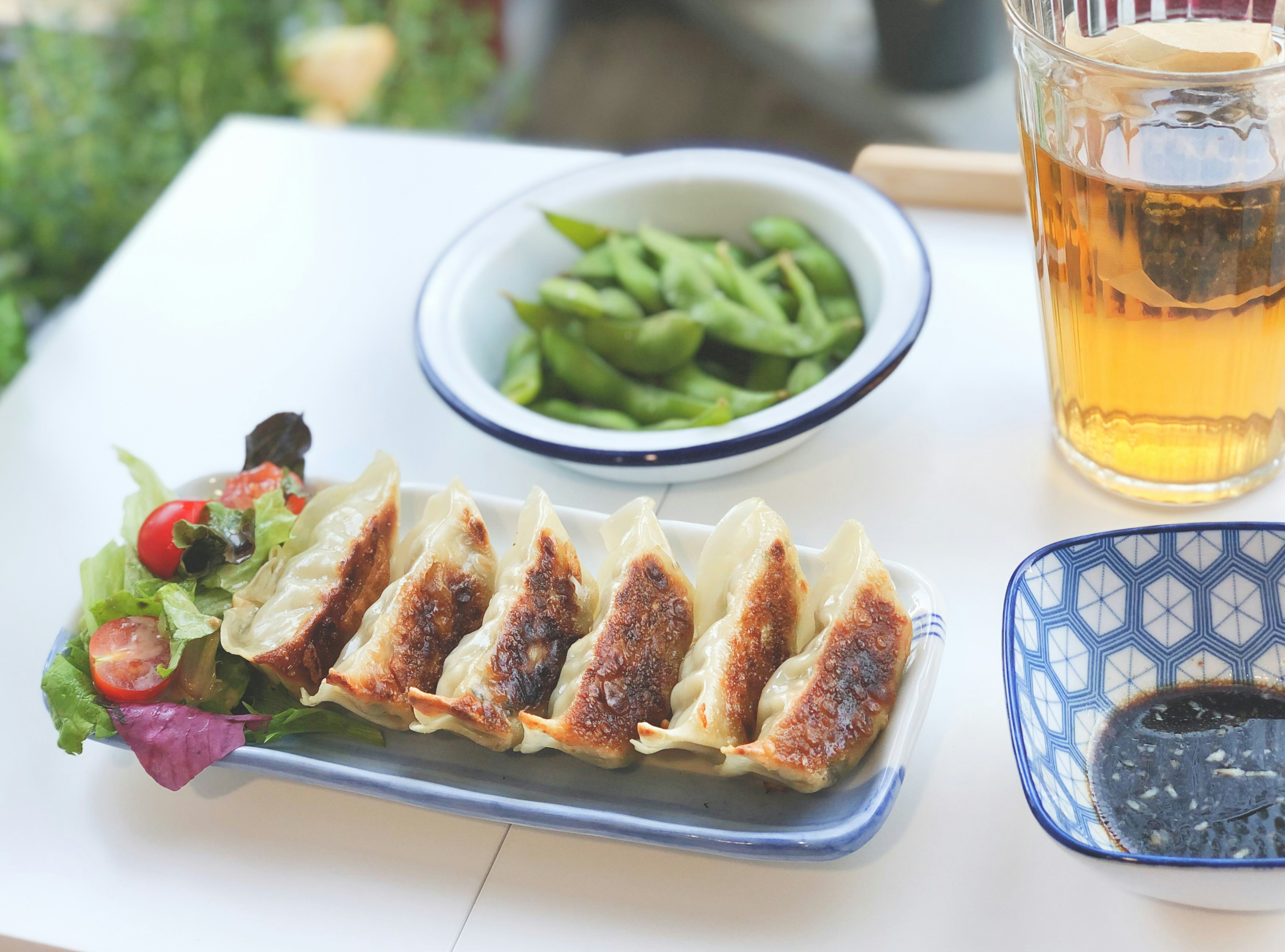 Gyoza with edamame and beer on a table
