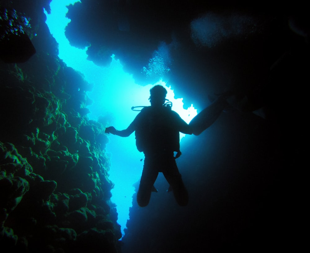 man in black wet suit under water