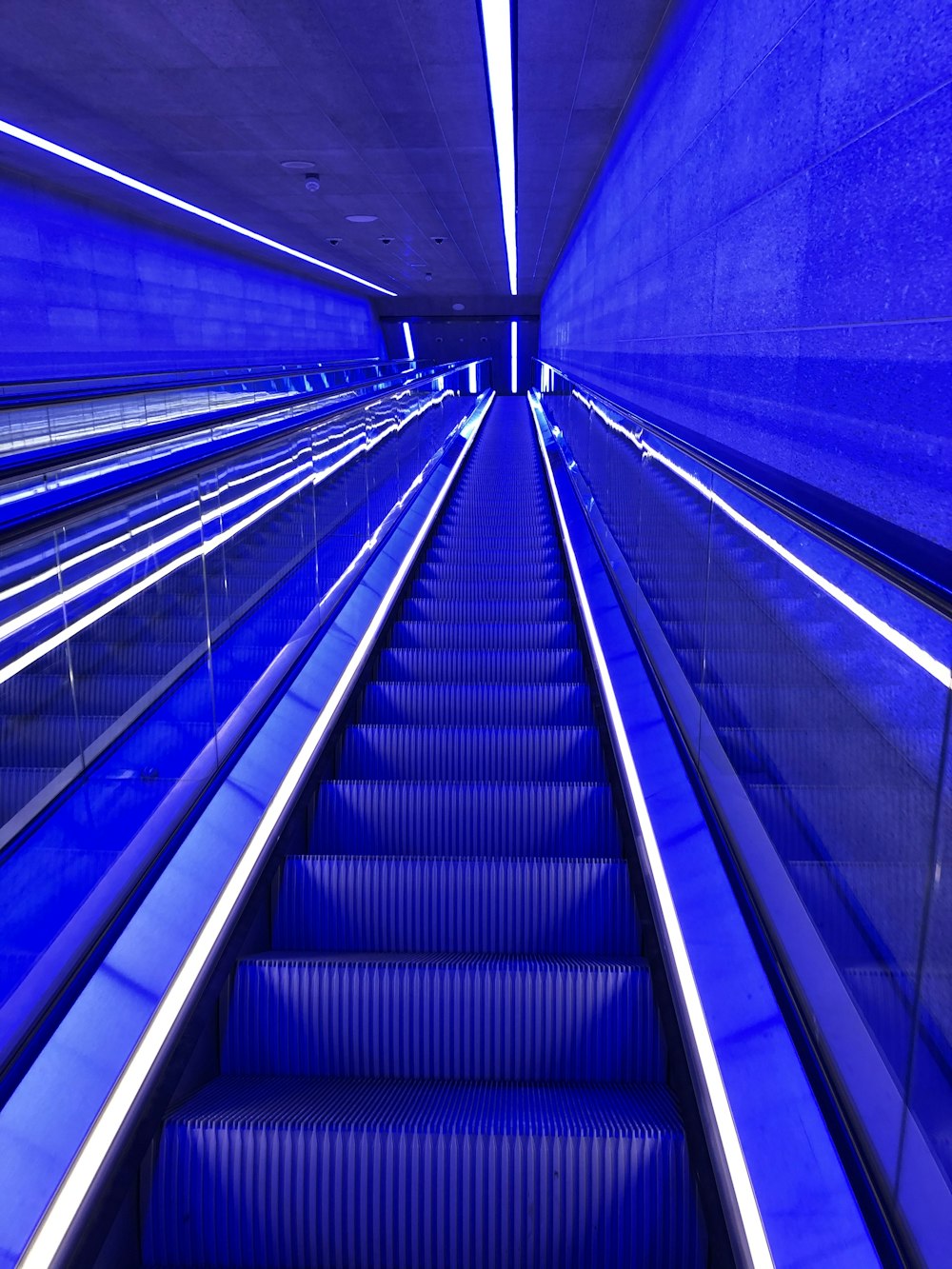 blue and white escalator in tunnel