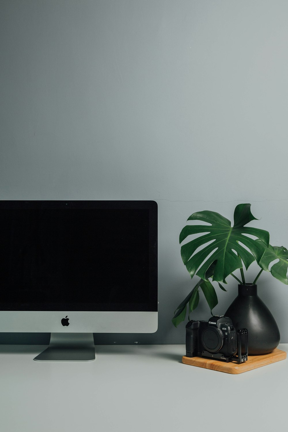 silver imac beside black dslr camera