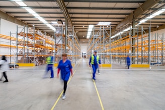 man in blue jacket and blue pants walking on yellow metal frame