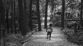 A child is running down a pathway made of stones in a wooded area. The path is lined with tall trees and some small plants. In the background, a group of people can be seen gathered near a small hut or gazebo, which has a thatched roof. The scene appears to be set in a natural, forested environment.