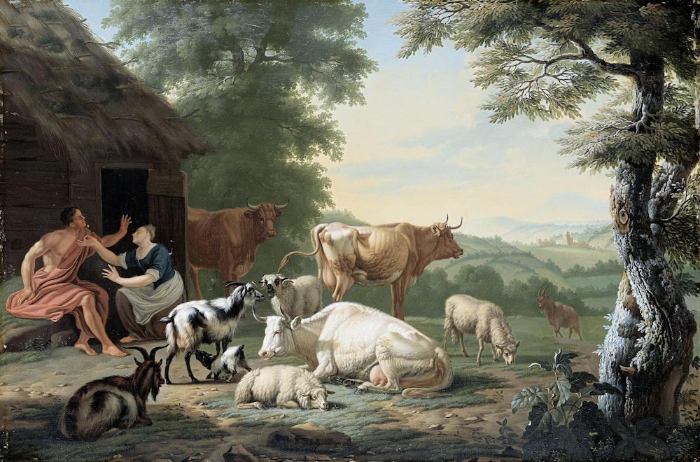 野原の絵に描かれた牛の群れ