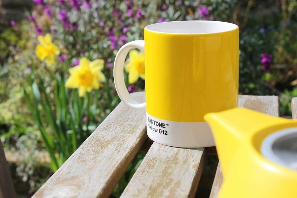 yellow ceramic mug on brown wooden bench