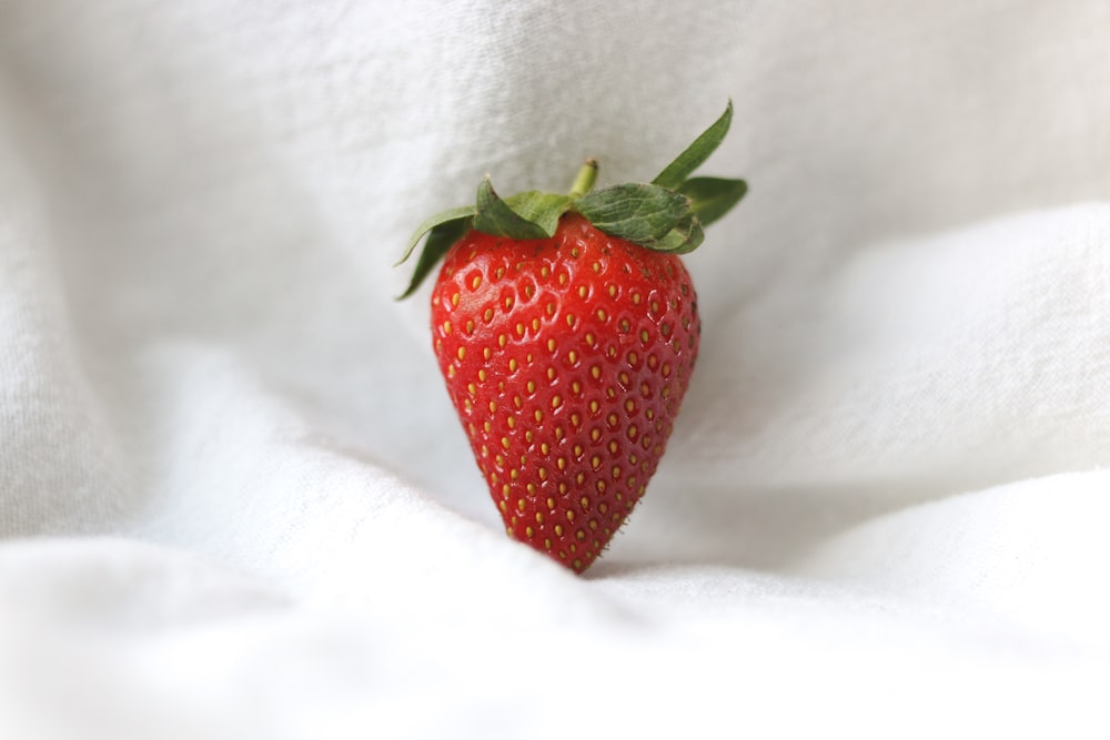 red strawberry on white textile