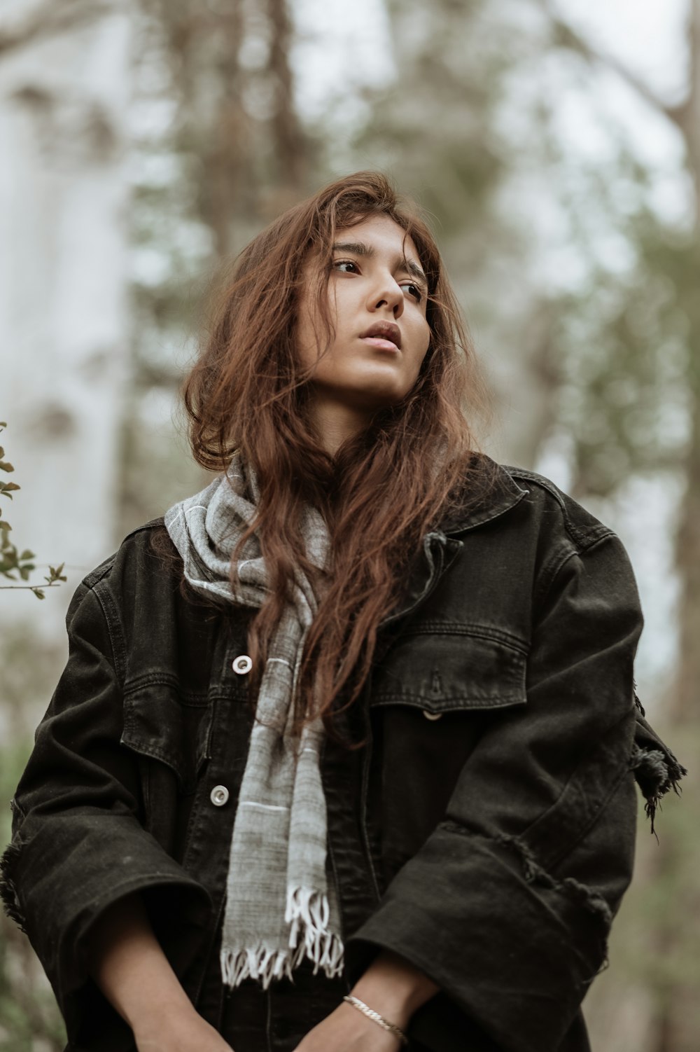 woman in black leather jacket