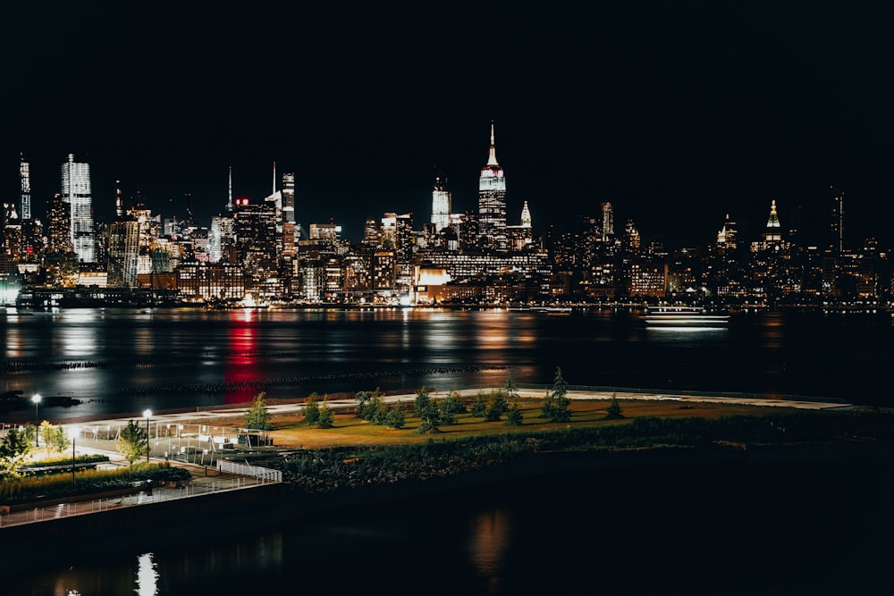 city skyline during night time